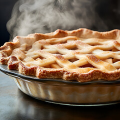 Delicious homemade apple pie with a lattice crust, steaming and fresh out of the oven