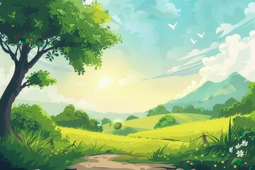 Lush Green Landscape with a Path Leading Through a Meadow
