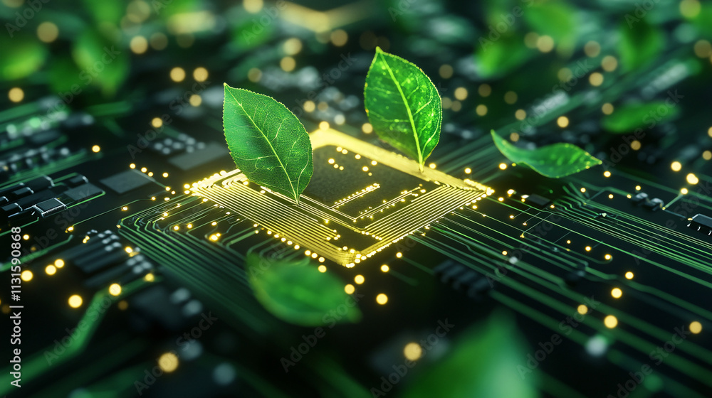 Poster a glowing computer chip with tiny leaves growing from the circuits, symbolizing eco-technology, set 