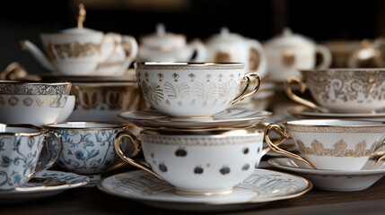 Fototapeta premium Elegant gold-trimmed teacups and saucers.