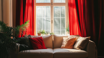 Fototapeta premium Cozy Corner: Sofa by the Window with Red Curtains