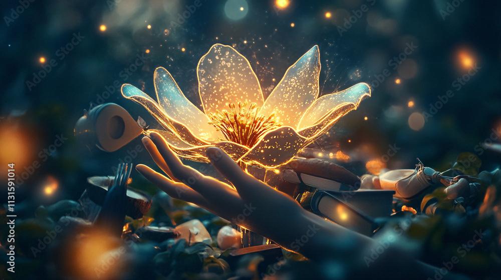 Poster a glowing flower with hands sprouting from it, each holding different objects such as books, tools, 