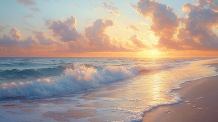 Fototapeta premium Serene sunset ocean waves on sandy beach.