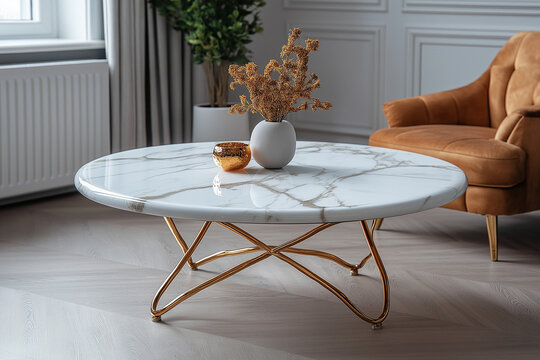 Photographie d'une table basse en marbre avec surface polie et pieds en m&eacute;tal dor&eacute;, design simple et &eacute;l&eacute;gant, sur fond blanc