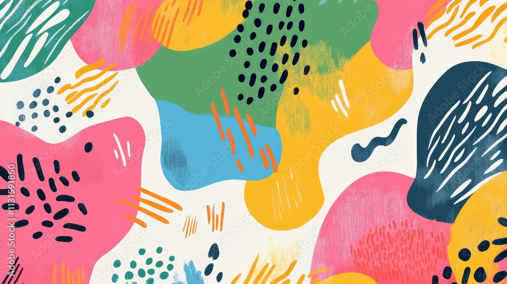 Poster fun colorful abstract background in doodle style. simple playful design with hand drawn overlay shap