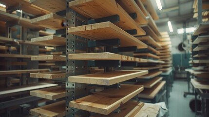 Fototapeta premium Organized storage of stacked pine wood planks in a modern timber processing factory environment