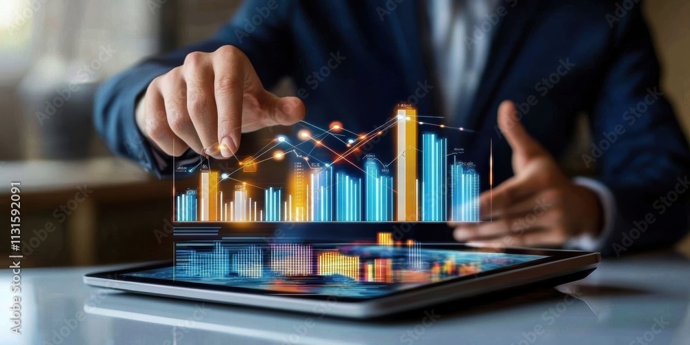 Poster a skilled business professional analyzes bar graphs and financial data on a tablet, highlighting the