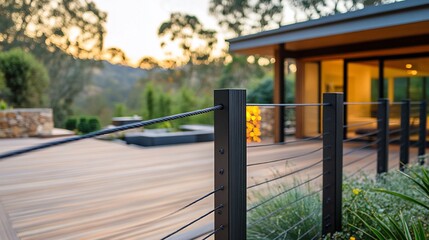 Modern deck with cable railing, sunset view.