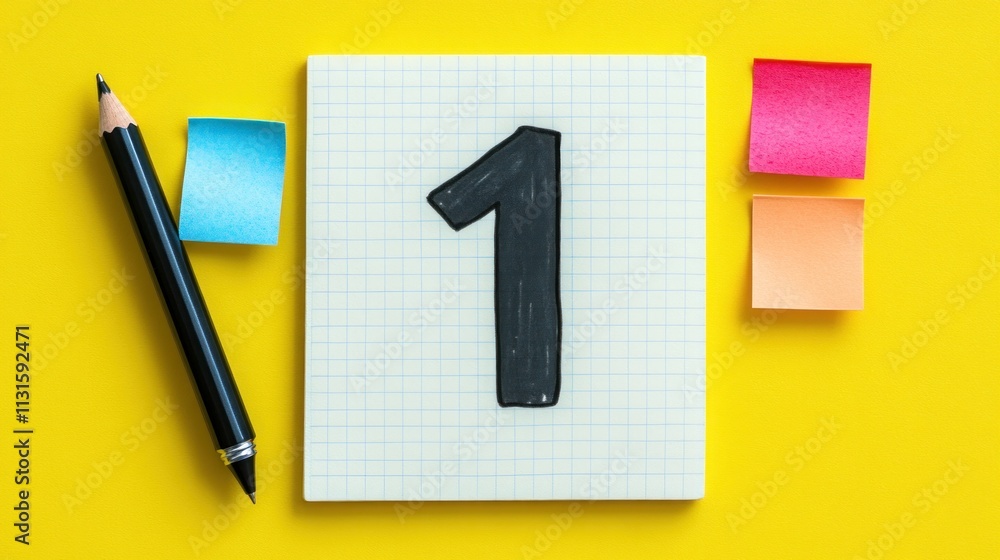 Poster a notepad with the number one, accompanied by colored sticky notes and a black pen on a yellow backg