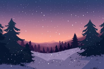 Naklejka premium A Silhouetted Winter Forest at Dusk with Snow Falling