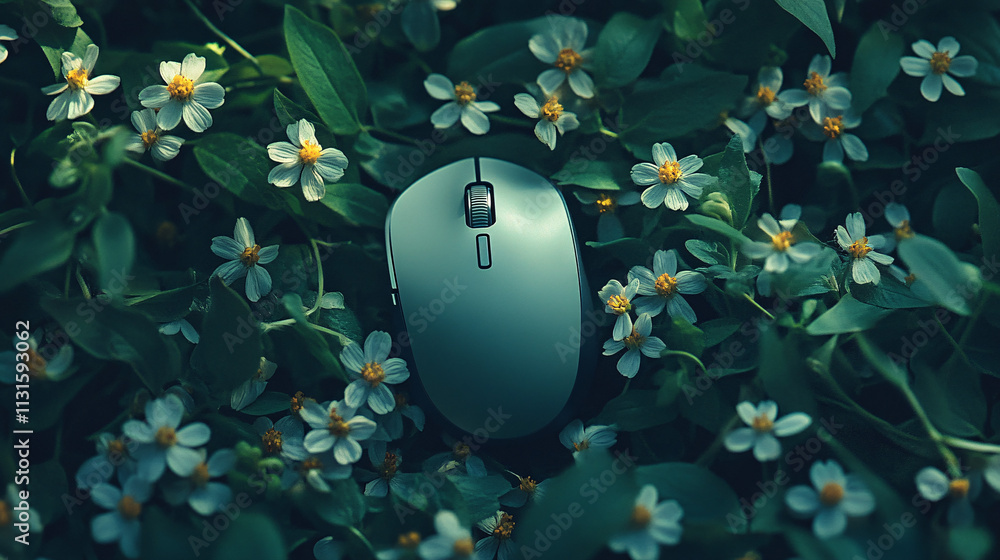 Poster a high-tech computer mouse surrounded by blooming flowers, blending seamlessly with the green enviro
