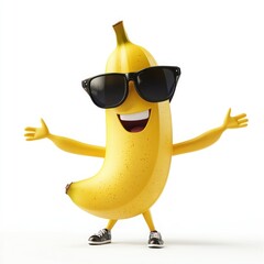 A cheerful cartoon banana wearing sunglasses, striking a fun pose.