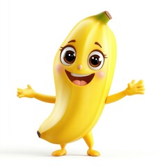 Happy cartoon banana character with arms outstretched, isolated on white.