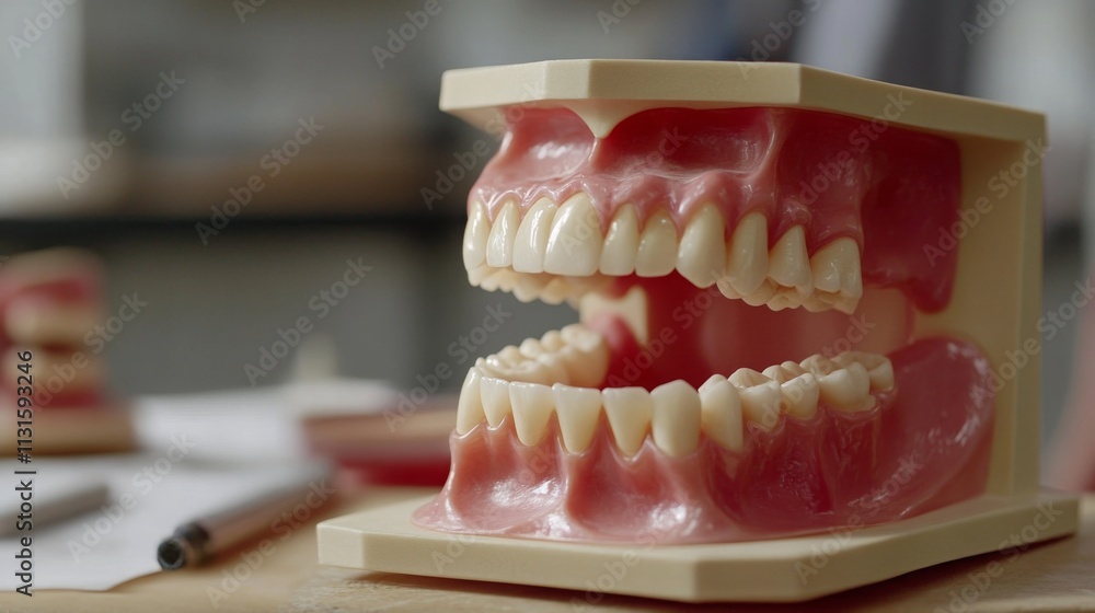 Poster a detailed dental model displays an upper and lower set of teeth, highlighting their structure and a