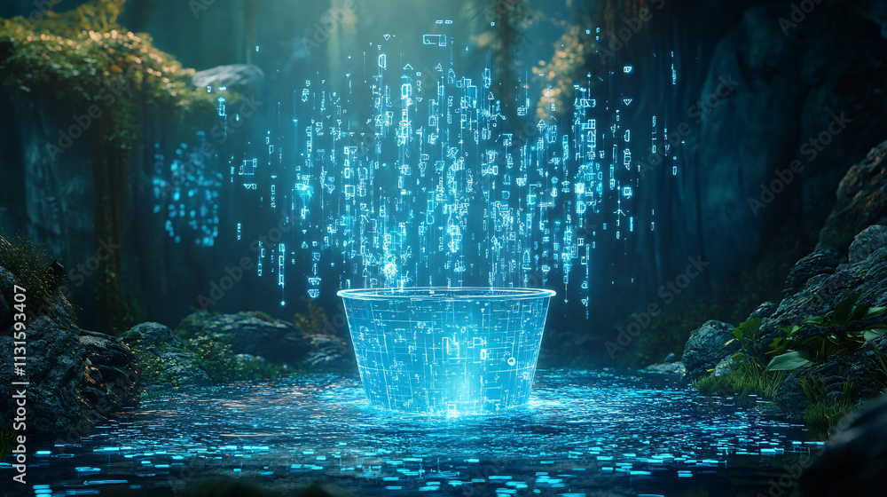 Poster a holographic bucket in a virtual landscape, with data streams overflowing like water, morphing into