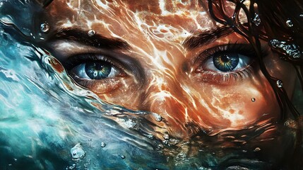 portrait of a woman&rsquo;s face, partially submerged in water, creating a dramatic and surreal effect. The image captures intense eyes and natural beauty, with the texture of wat