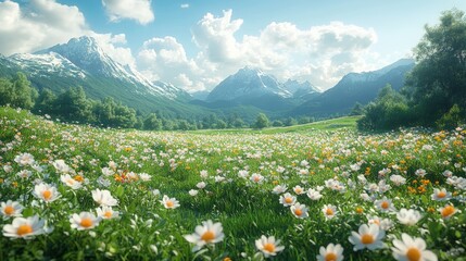 Obraz premium Flower field, snow-capped mountains, sunny sky.