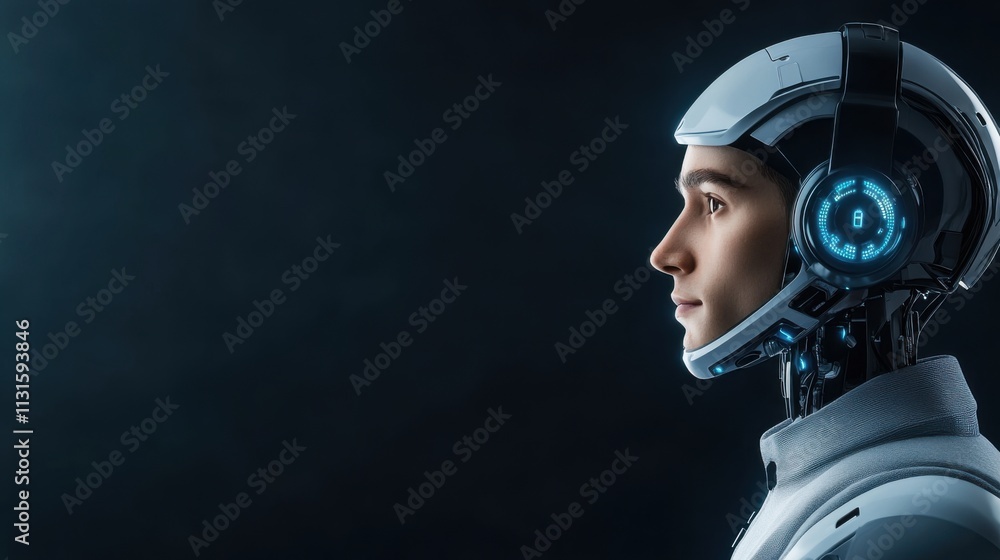 Poster futuristic male robot with advanced technology and glowing elements in a dark and mysterious environ