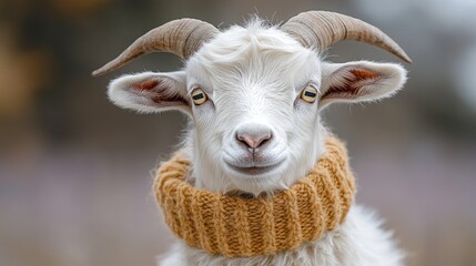 Obraz premium Close-up portrait of a cute white goat wearing a knitted scarf.