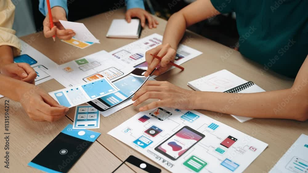 Poster panorama video of startup company employee planning on user interface prototype for mobile applicati