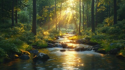 Obraz premium Sunlit stream flows through a lush green forest.