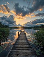 Obraz premium Wooden pier extending into calm lake with water reflecting dramatic clouds at sunset. Nature landscape photography. Scenic outdoor and travel concept.