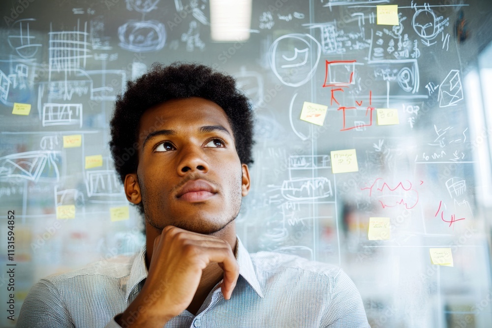 Poster in a dynamic environment, a determined young man reflects on his goals and future, surrounded by vib