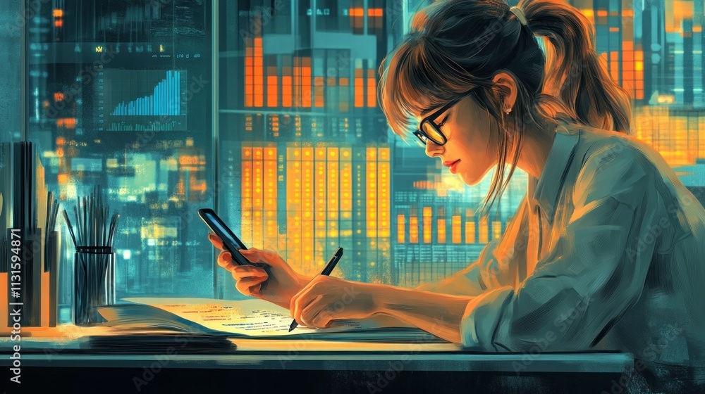 Aufkleber a focused individual analyzes data on a smartphone while taking notes in a modern office setting.