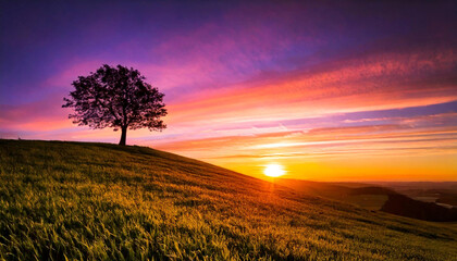 Solitary tree on hill with pink-hued sunset, symbolizing peace and tranquility in nature. Serene landscape, sunset tree, minimalistic nature scene, peaceful environment. Scenic view for relaxation