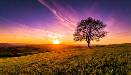 Solitary tree on hill with pink-hued sunset, symbolizing peace and tranquility in nature. Serene landscape, sunset tree, minimalistic nature scene, peaceful environment. Scenic view for relaxation