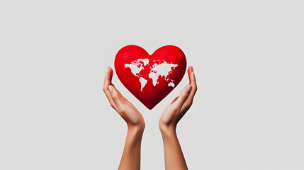 Fototapeta premium A heart and globe symbol connected by hands, symbolizing love for humanity and global peace. Global peace and humanity.