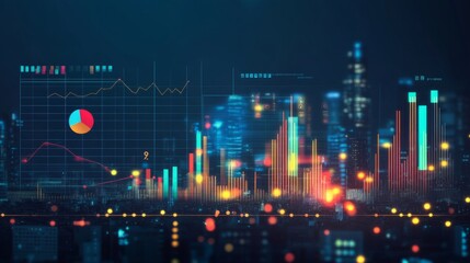 Obraz premium Abstract digital landscape symbolizing business analytics, with elements of charts, diagrams, and glowing data against a dark cityscape background
