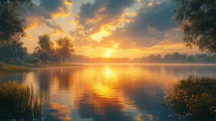 Fototapeta premium Golden sunset reflects on calm lake water.
