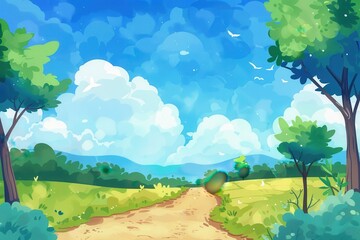 Fototapeta premium A winding dirt road through a lush green meadow under a blue sky with puffy white clouds