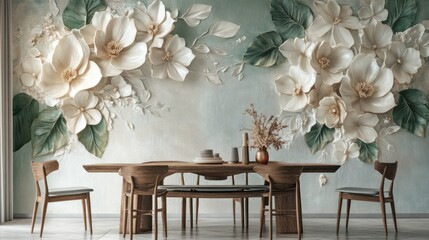 3D floral wall mural in dining room.