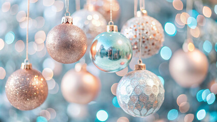 Christmas balls with glitter hanging on a branch out of focus background with bokeh lights