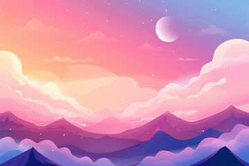 Pink and Purple Mountain Landscape with a Single Moon in the Sky