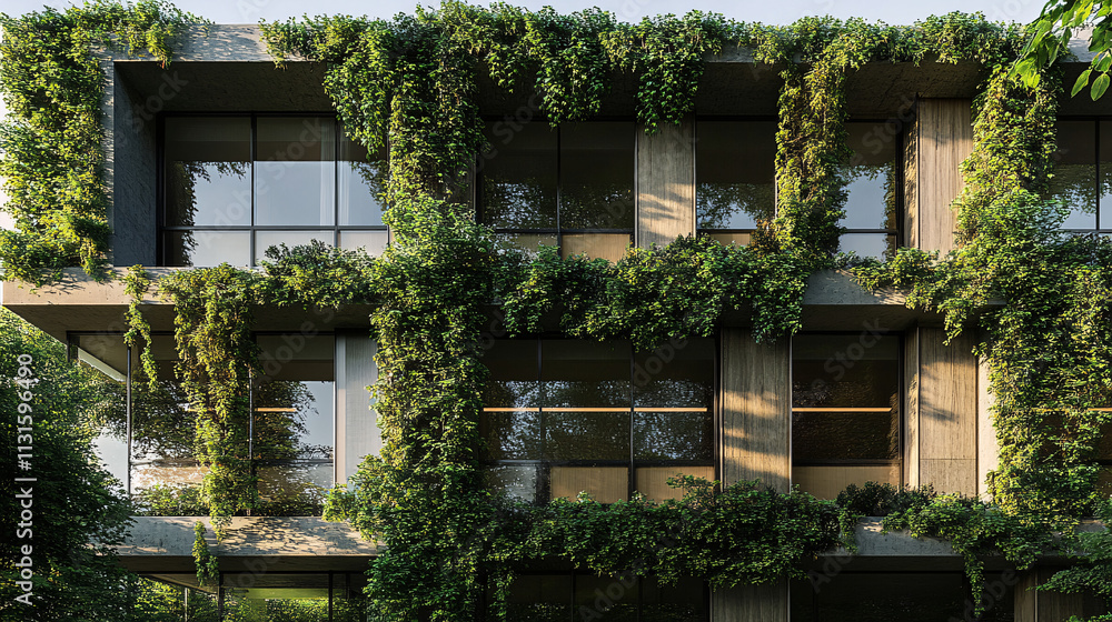 Poster a modern building facade with vines cascading down from the windows, blending nature with urban arch