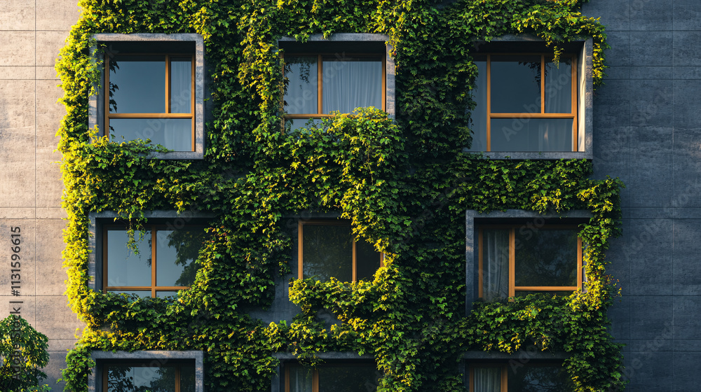 Poster a modern building facade with vines cascading down from the windows, blending nature with urban arch