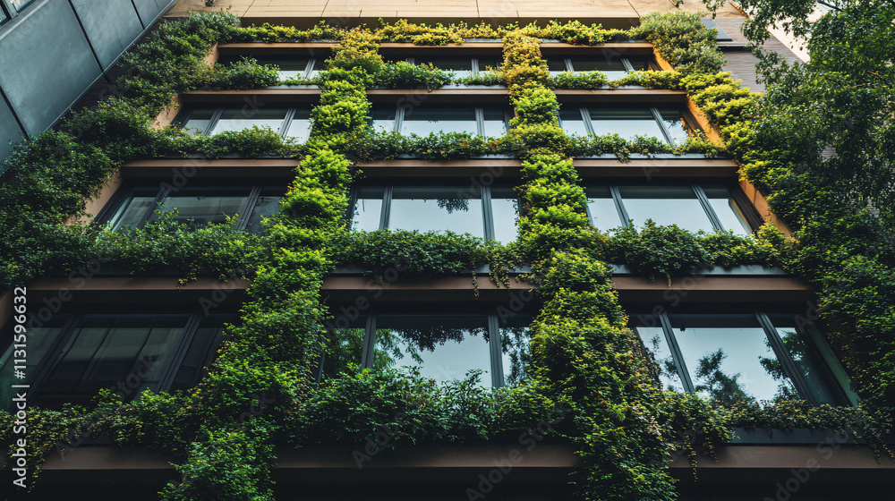 Poster a modern building facade with vines cascading down from the windows, blending nature with urban arch