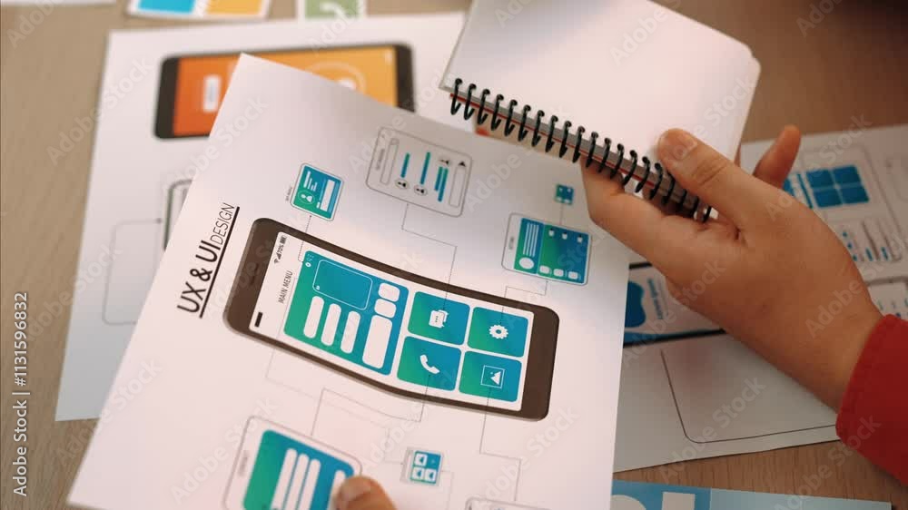 Poster panorama video of startup company employee planning on user interface prototype for mobile applicati