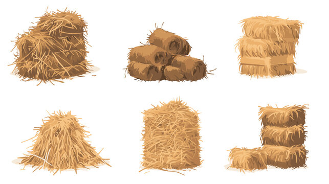 Dry farm haystack, bale, pile and heap stack, straw in rolls, fodder bundle, sack bag isolated agricultural vector set. Rural haycock, countryside grass, wheat
