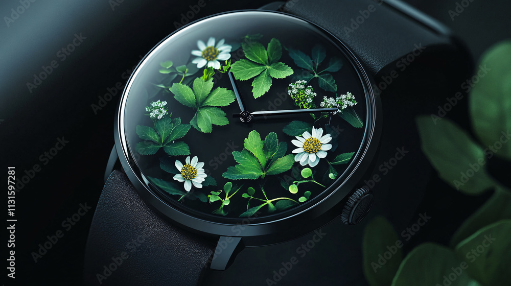Poster a modern smartwatch with a display that transitions into leaves and flowers, symbolizing time and na