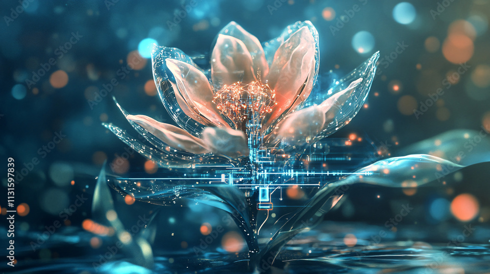 Poster a mystical flower with holograms and digital interfaces growing out of its center, symbolizing the v