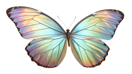 A vibrant, iridescent butterfly with semi-transparent wings shimmering in hues of blue, gold, and purple, symbolizing beauty, nature, and transformation. PNG