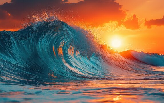 Majestic ocean wave crashing during a vibrant sunset, showcasing nature's power and beauty.