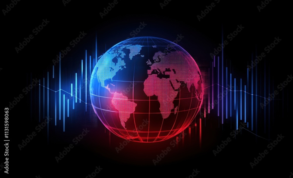 Poster a digital globe with red and blue stock market charts, representing global financial growth and posi