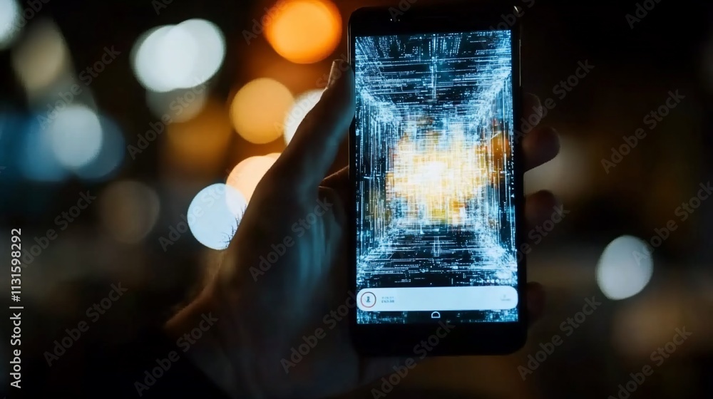Poster hand holding smartphone displaying abstract digital data at night.