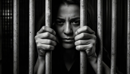 A woman peers through prison bars with a forlorn expression. The stark black-and-white photograph captures the despair of confinement