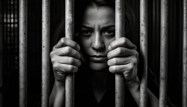 A woman peers through prison bars with a forlorn expression. The stark black-and-white photograph captures the despair of confinement